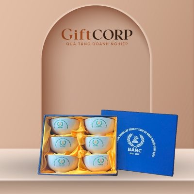 Bộ 6 bát cơm quà tặng in logo gốm sứ màu trắng