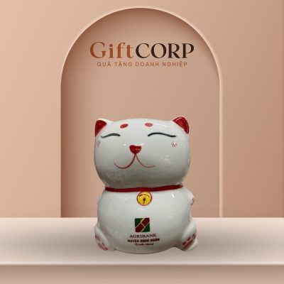 Heo đất gốm sứ quà tặng in logo hình mèo thần tài