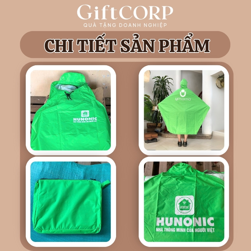 Cận cảnh mặt trước, mặt sau và túi đựng áo mưa
