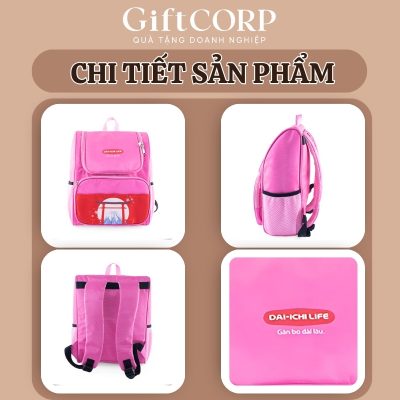 Cận cảnh các mặt của ba lô in logo