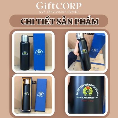 Hình ảnh thực tế logo in trên bình và hộp quà lót lụa kèm theo