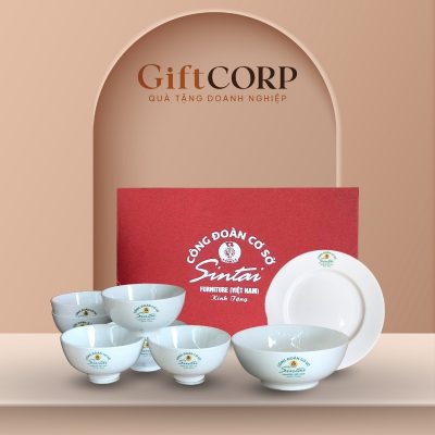 Bộ chén dĩa quà tặng in logo 8 món men sứ trắng BBD-04