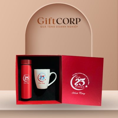 Bộ giftset quà tặng in logo 2 món bình giữ nhiệt và cốc sứ GS-08