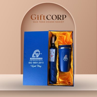 Bộ giftset quà tặng in logo 2 món ly giữ nhiệt và dù gấp GS-04