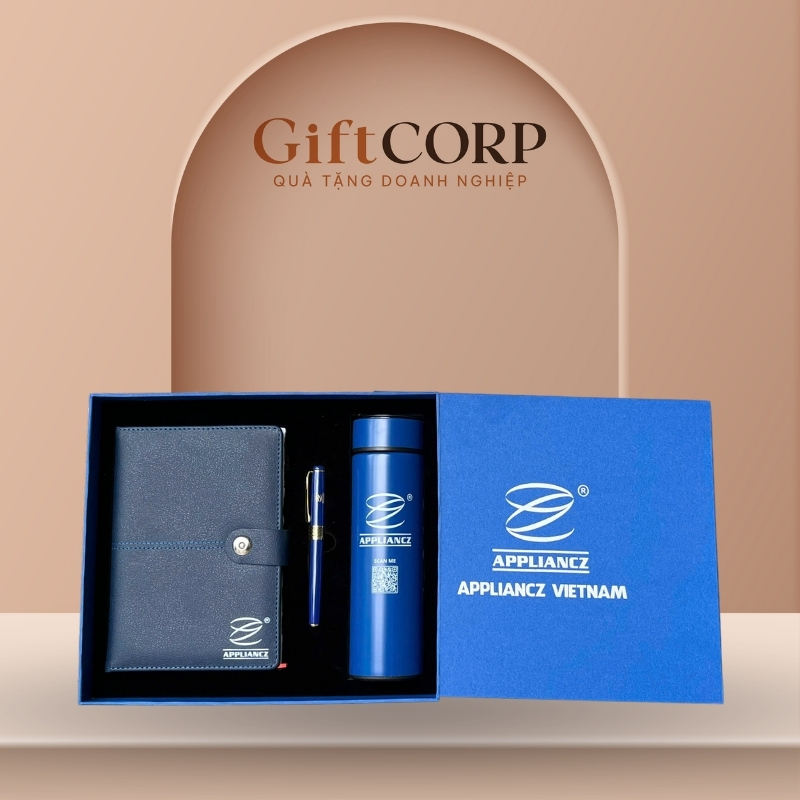 Bộ giftset quà tặng in logo 3 món sổ da, bút kí và bình giữ nhiệt GS-07