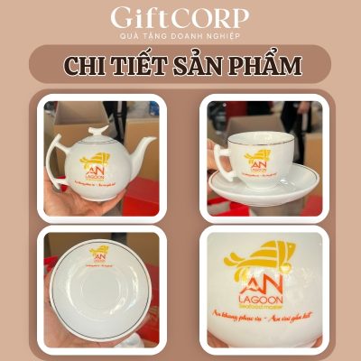 Hình ảnh thực tế các mặt của bộ trà và logo in nổi bật trên bề mặt sản phẩm