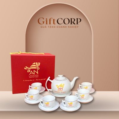 Bộ trà quà tặng in logo sứ trắng kẻ chỉ vàng AC-04