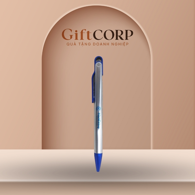 Bút bi quà tặng in logo màu bạc và xanh dương 14.2cm BB-02