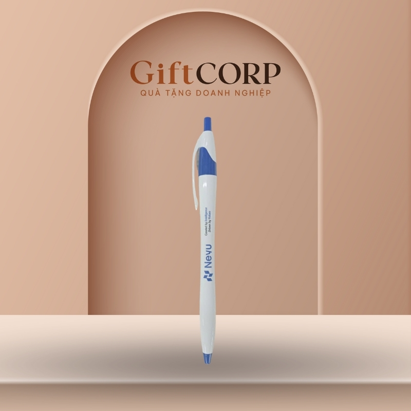 Bút bi quà tặng in logo màu trắng và xanh dương 14.5cm BB-04