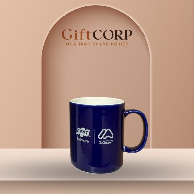 Cốc sứ quà tặng in logo quai C màu xanh dương LS-07
