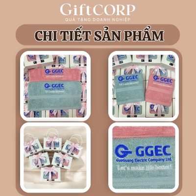 Cận cảnh logo thêu trên sản phẩm và hộp quà kèm theo