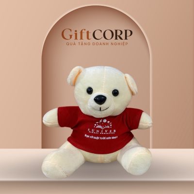Gấu bông quà tặng in logo màu be áo đỏ 25cm GB-03