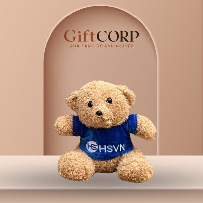 Gấu bông quà tặng thêu logo màu nâu áo xanh 25cm GB-02