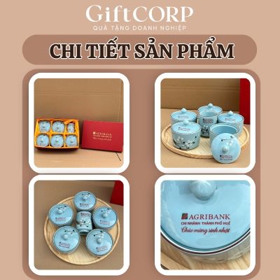 Cận cảnh logo in trên hũ mứt và hộp quà lót lụa kèm theo