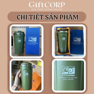 Hình ảnh thực tế logo in rõ nét trên bình và hộp quà lót lụa kèm theo