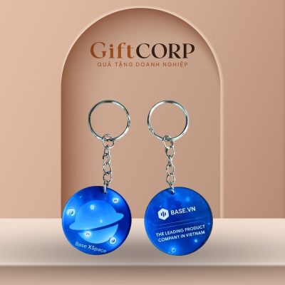 Móc khóa quà tặng in logo hình tròn màu xanh dương MK-04