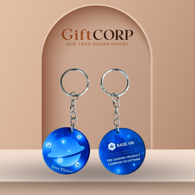 Móc khóa quà tặng in logo hình tròn màu xanh dương MK-04