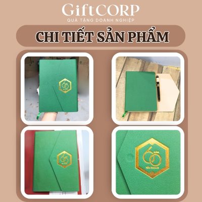 Ảnh thực tế về màu sắc và logo trên bìa sổ da