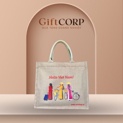 Túi vải cói quà tặng in logo có khóa kéo kích thước 35x30cm TV-04
