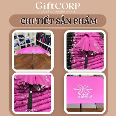 Hình ảnh chi tiết cán dù và logo in rõ nét trên sản phẩm