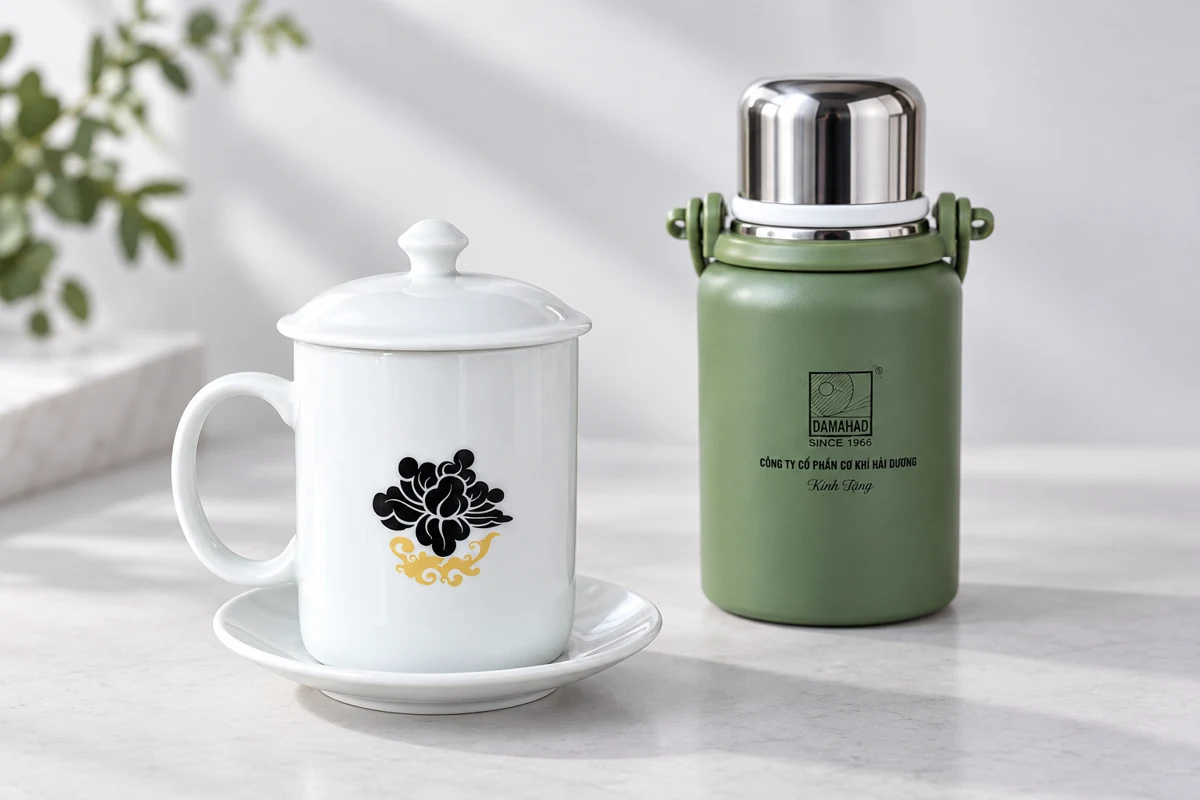 Bề mặt họa tiết trên cốc sứ có nắp và bình giữ nhiệt xanh từ mẫu GiftCorp