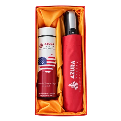 Ảnh tách nền từ mẫu Bộ giftset quà tặng in logo bình giữ nhiệt hiển thị và dù gấp 3 tự động GS-01