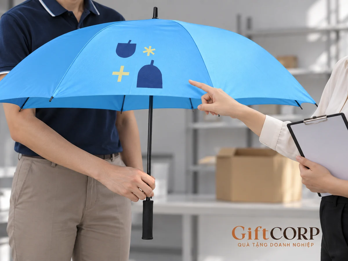 Hai người xem vùng hình in trên dù xanh, một người cầm trục và người kia chỉ vào tán