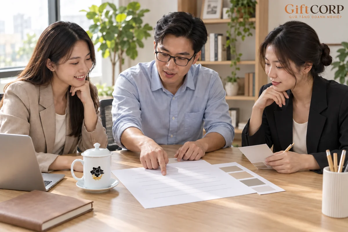 Nhóm phụ trách trao đổi kế hoạch quà tặng trên bảng yêu cầu với mẫu cốc bên cạnh