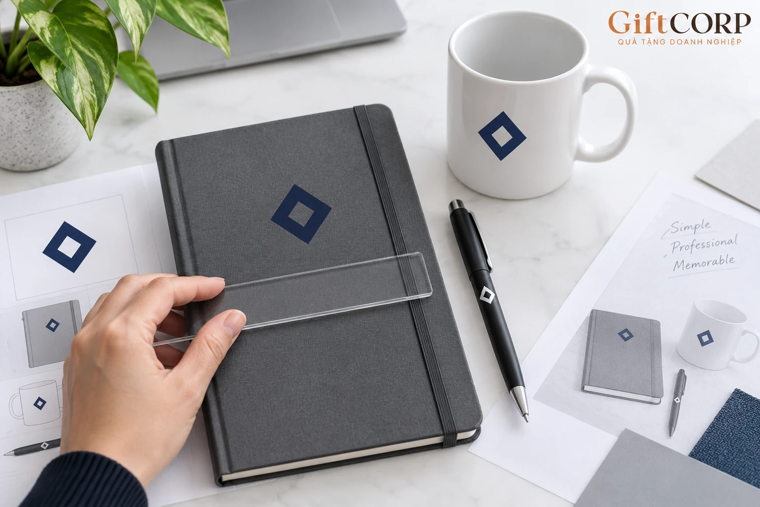 Đối chiếu vị trí nhận diện trên sổ, bút, cốc và bản mockup giấy