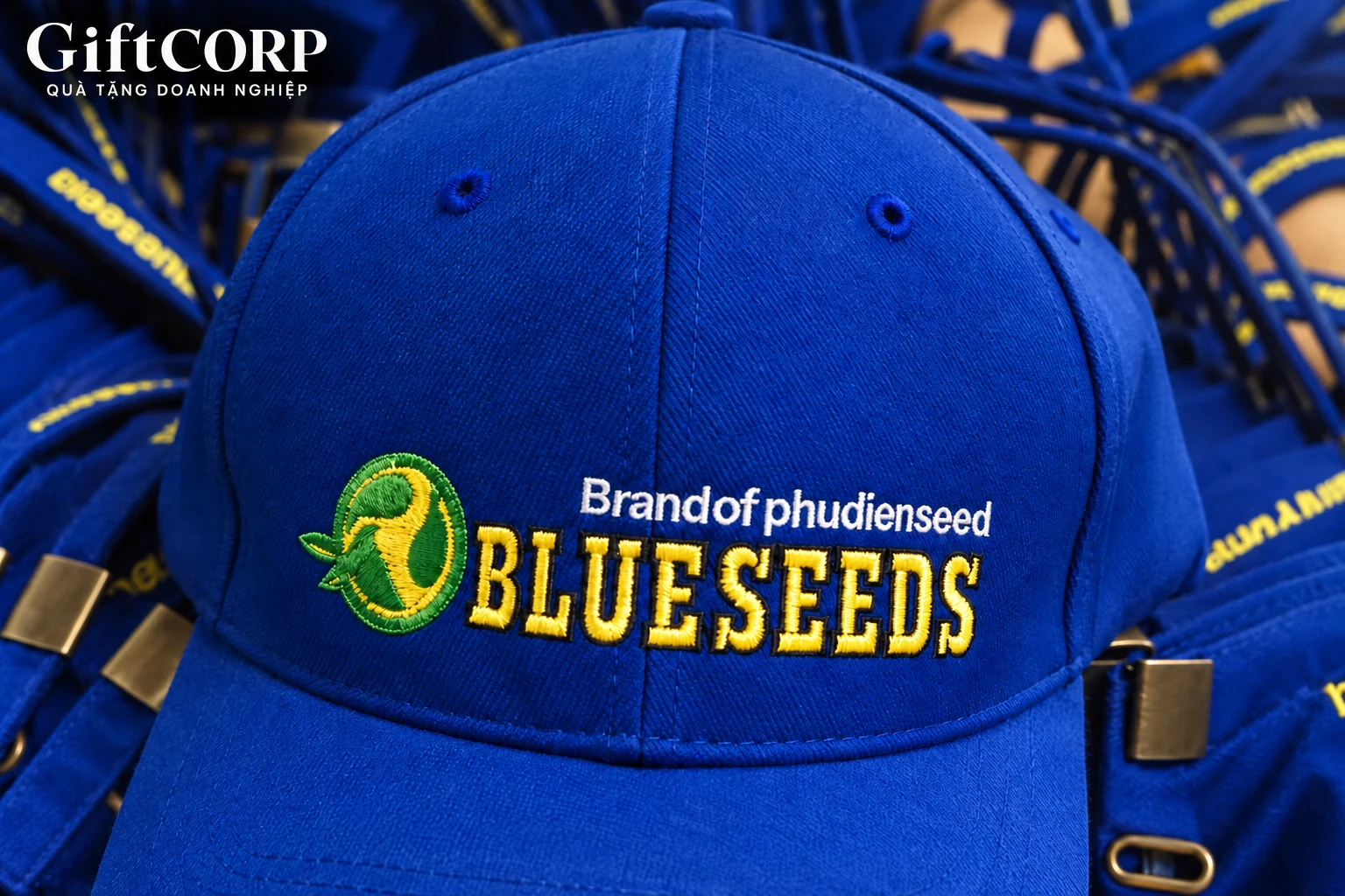 Góc cận chữ BLUESEEDS và vùng chỉ thêu trên mũ xanh