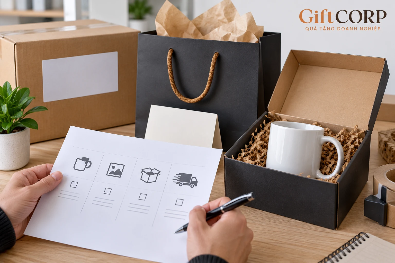 Cốc trong hộp, túi giấy, thiệp và kiện giao được đối chiếu trên phiếu hình