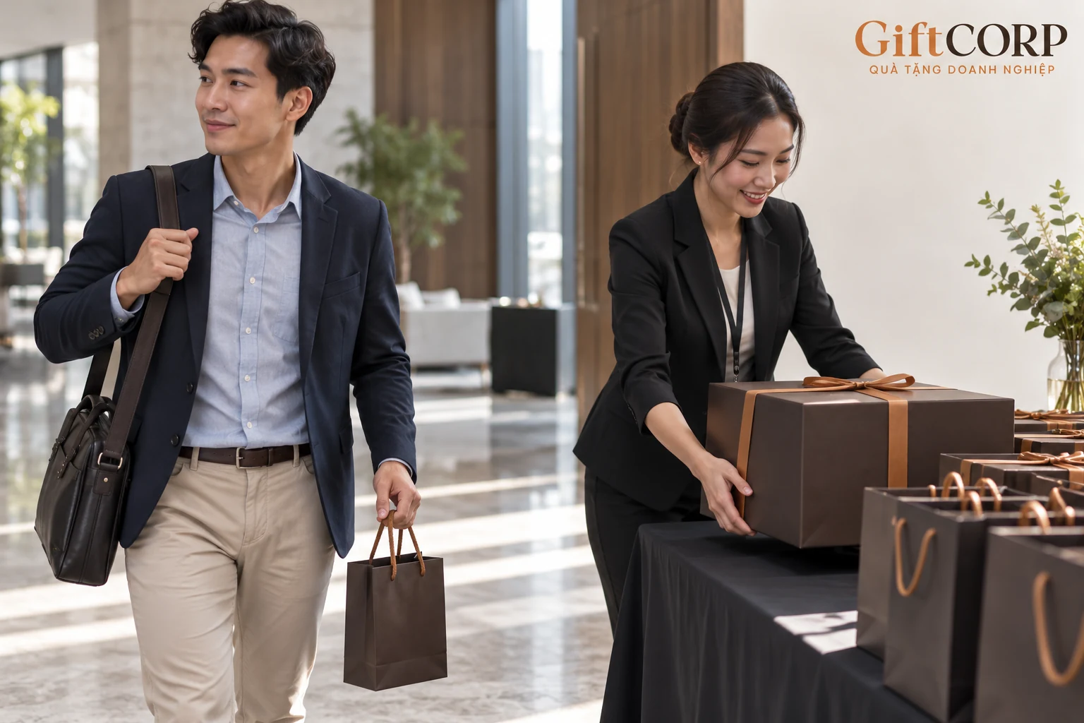 Người mang túi quà và nhân viên đỡ hộp quà tại quầy tiếp đón