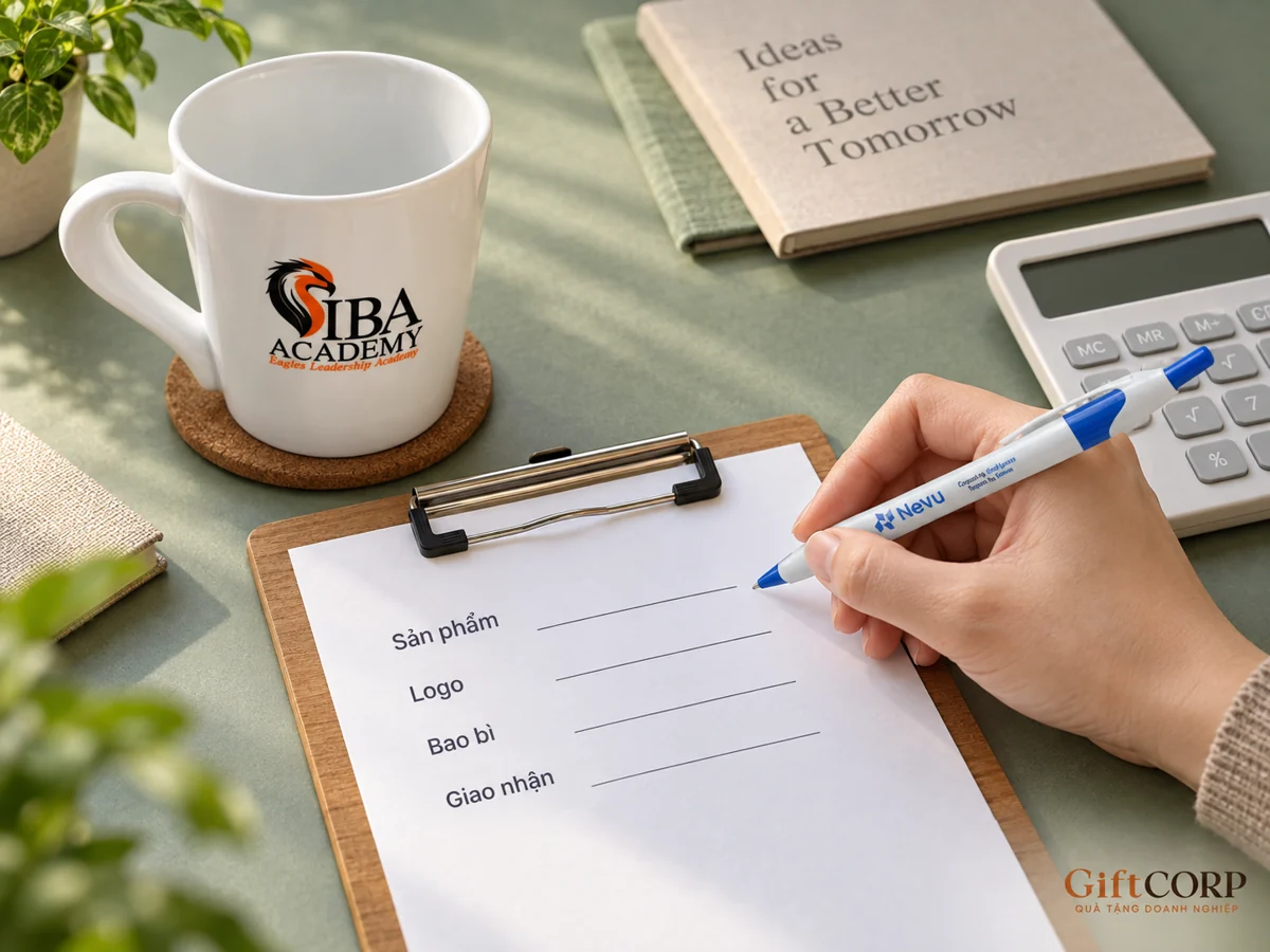 Tay cầm bút ghi bảng sản phẩm, logo, bao bì và giao nhận cạnh cốc trắng