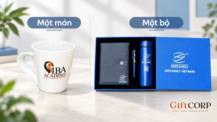 Đối chiếu cốc trắng một món với bộ sổ, bút, bình trong hộp xanh