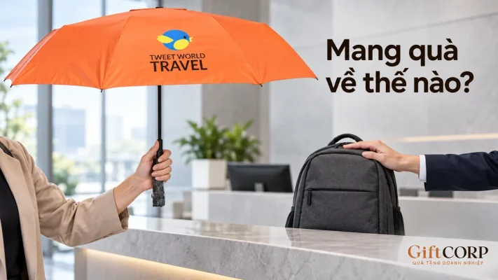 Người cầm dù cam và người đặt tay lên balo ở quầy tiếp đón; câu hỏi mang quà về thế nào