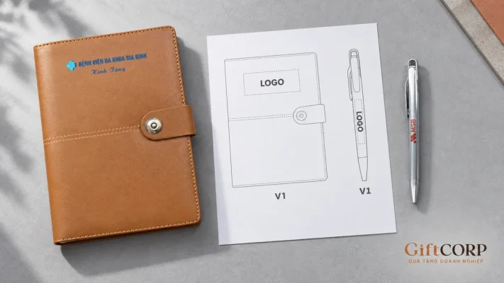 Bản bố trí logo trên bìa sổ và thân bút cùng hai mẫu để đối chiếu