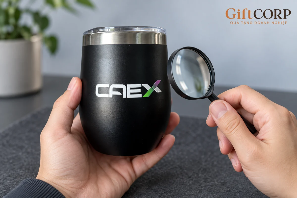 Tay đỡ ly đen có logo CAEX, kính lúp đặt bên cạnh để xem vùng nhận diện