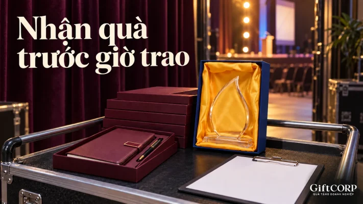 Cảnh dựng xe đẩy hậu trường có hộp sổ và biểu trưng, chữ Nhận quà trước giờ trao