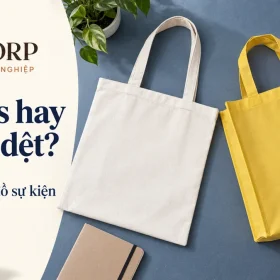 Cảnh dựng túi màu kem và túi vàng trên bàn màu xanh đá, chữ Canvas hay không dệt, Chọn theo bộ đồ sự kiện và logo GiftCorp