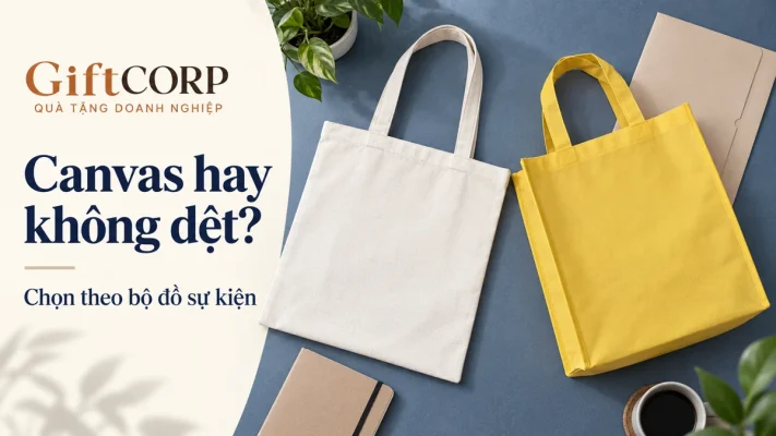 Cảnh dựng túi màu kem và túi vàng trên bàn màu xanh đá, chữ Canvas hay không dệt, Chọn theo bộ đồ sự kiện và logo GiftCorp