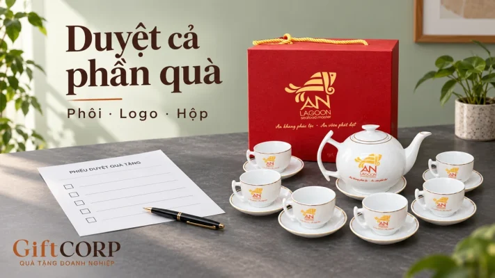Bộ trà trắng viền vàng cạnh phiếu trống, chữ Duyệt cả phần quà