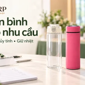 Cảnh dựng ba bình không logo tại bàn đăng ký sự kiện, chữ Chọn bình theo nhu cầu, Nhựa Thủy tinh Giữ nhiệt, logo GiftCorp ở góc trái trên
