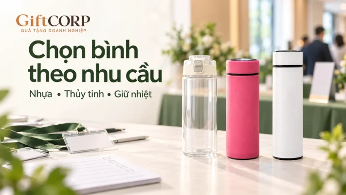Cảnh dựng ba bình không logo tại bàn đăng ký sự kiện, chữ Chọn bình theo nhu cầu, Nhựa Thủy tinh Giữ nhiệt, logo GiftCorp ở góc trái trên