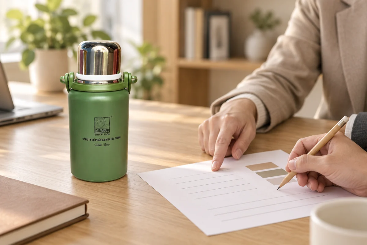 Minh họa trao đổi phương án chọn quà với mẫu bình giữ nhiệt GiftCorp