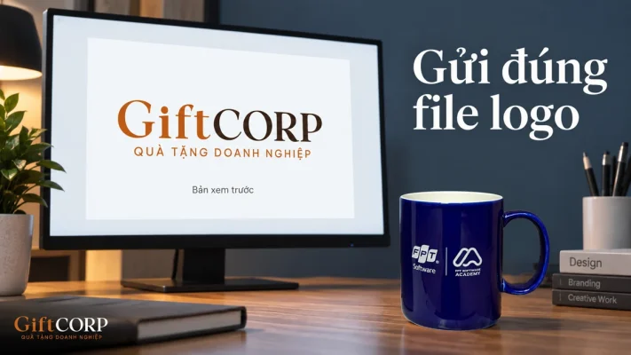 Cốc xanh cạnh màn hình xem trước logo GiftCorp, chữ gửi đúng file logo