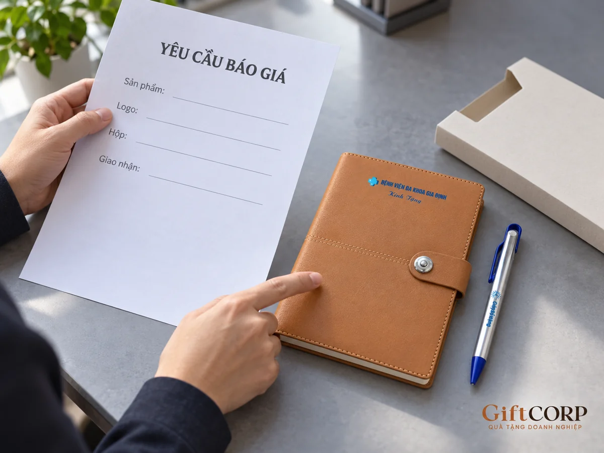 Hai tay chỉ vào sổ nâu cạnh bút bạc xanh và tờ yêu cầu báo giá trống