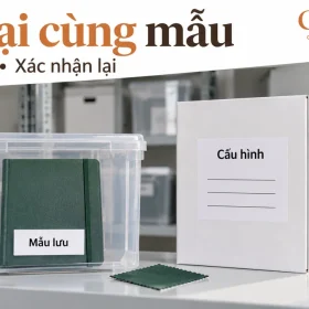Cảnh dựng kệ lưu mẫu có sổ xanh trong hộp trong suốt và bìa hồ sơ cấu hình, chữ Đặt lại cùng mẫu Lưu hồ sơ Xác nhận lại và logo GiftCorp