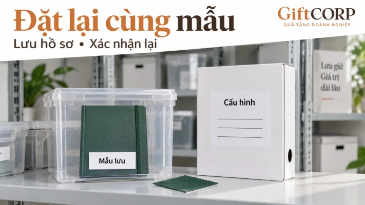 Cảnh dựng kệ lưu mẫu có sổ xanh trong hộp trong suốt và bìa hồ sơ cấu hình, chữ Đặt lại cùng mẫu Lưu hồ sơ Xác nhận lại và logo GiftCorp