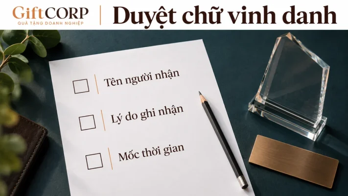 Cảnh dựng bảng ba trường Tên người nhận, Lý do ghi nhận, Mốc thời gian cạnh phôi kỷ niệm chương và tấm kim loại, có chữ Duyệt chữ vinh danh cùng logo GiftCorp