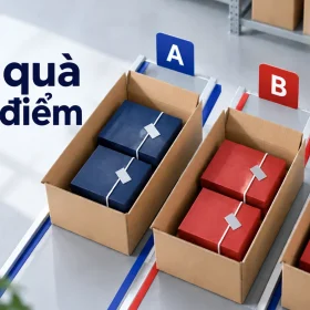 Cảnh dựng ba nhóm thùng và hộp quà chia theo A B C, chữ Chia quà đúng điểm
